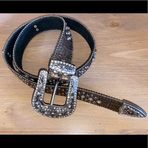 Rhinestone Genuine Leather Belt- Brown